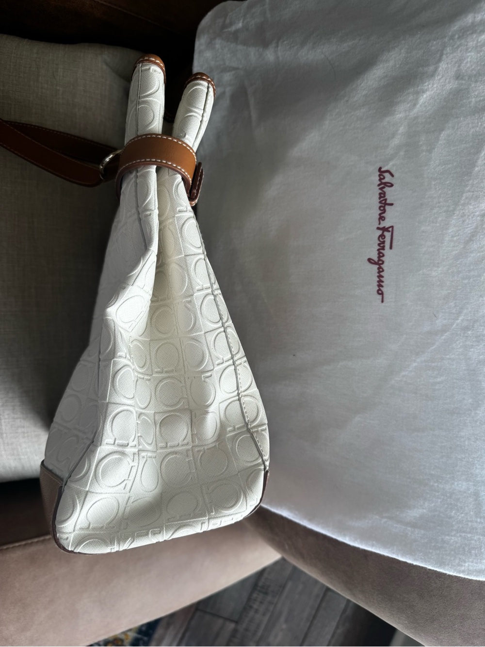 Salvatore Ferragamo Gancini Embossed Canvas & Leather Tote Bag, White/Tan - Picture 3 of 7